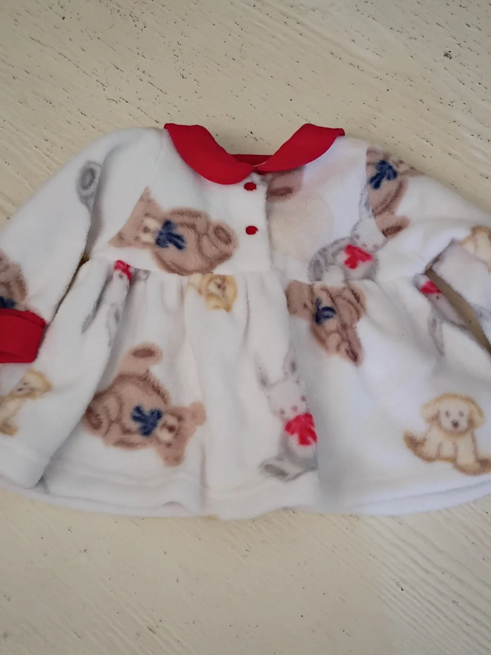 Vintage Carter's White Teddy Print Fleece Dress with Red Trim